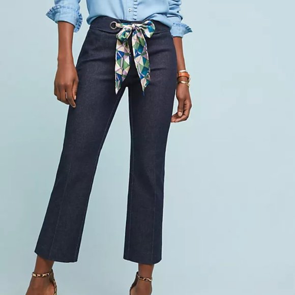 By Anthropologie The Essential Crop Flare Denim Jeans with Scarf Belt Sz US 2 - Picture 1 of 9